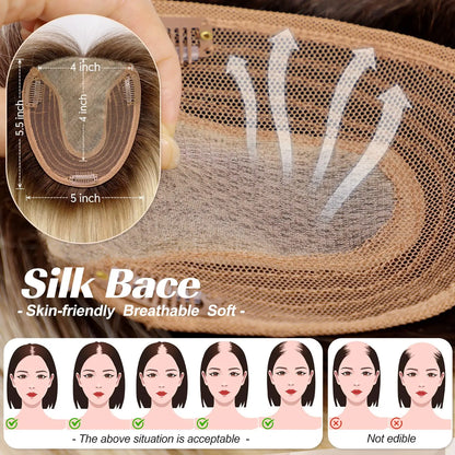 Brown Mixed Blonde Silk Base Human Hair Topper with Bangs – 14”