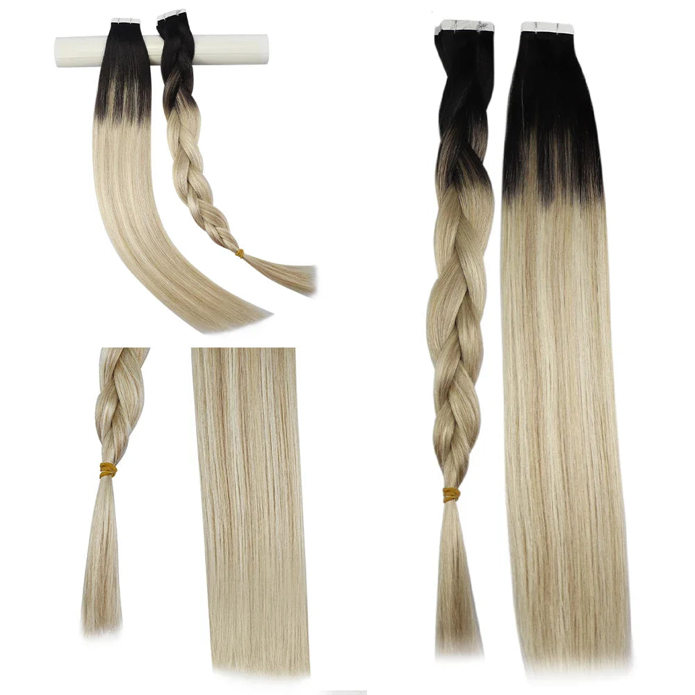 Premium Remy human hair tape-in extensions in blonde, featuring a seamless finish and versatile styling options.