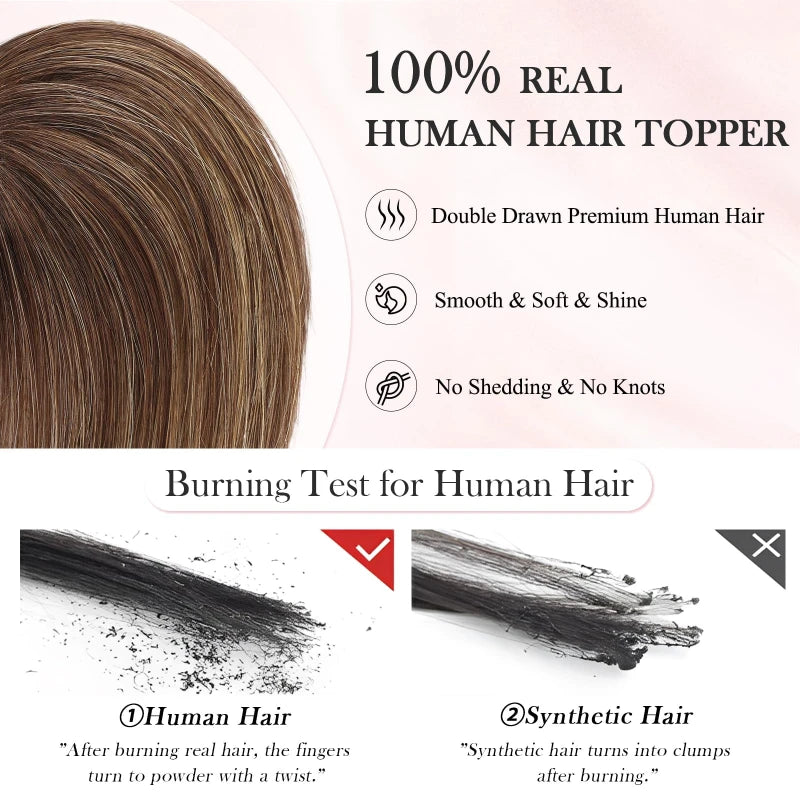 8” Remy Human Hair Topper with Air Bangs – Hand-Tied Lace Base 3-Clip