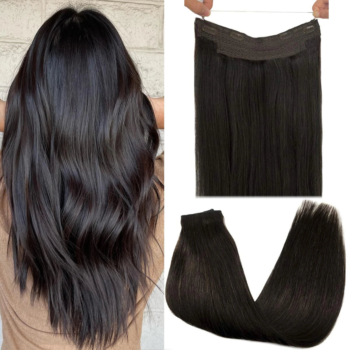 Human Hair Wire Extensions – Invisible Halo Clip-In Straight Remy Hair