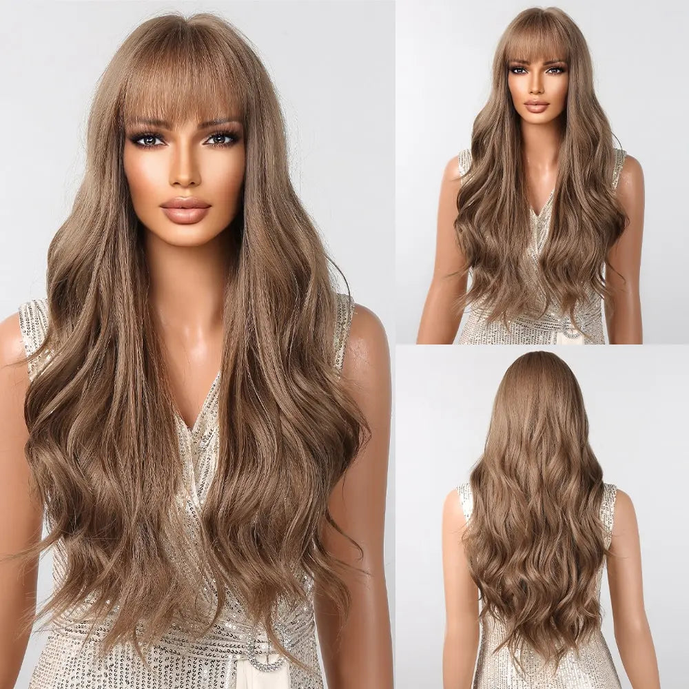 Brown Wavy Long Wig with Bangs – Heat Resistant Synthetic Daily & Cosplay Wig