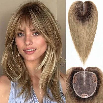 Ombre Light Brown Straight Human Hair Topper – 12” Middle Part Swiss Base