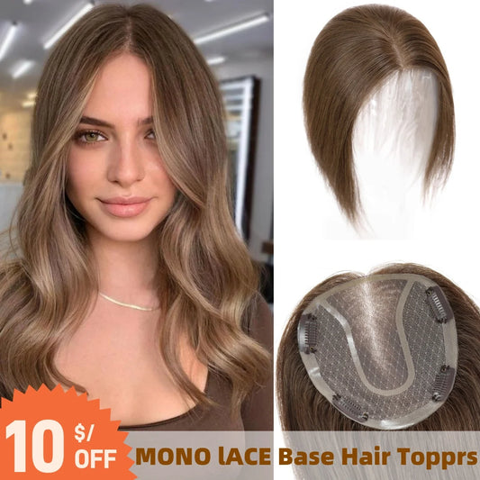 14” Brown Human Hair Topper – Straight Mono Lace Base Clip-In Hairpiece for Women
