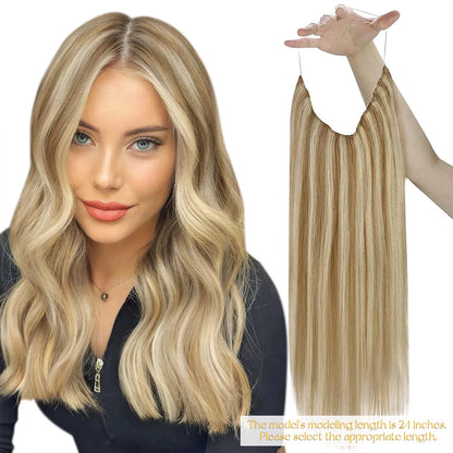 Invisible Wire Human Hair Extensions – One Piece Halo Weft with Clips (12–20”)