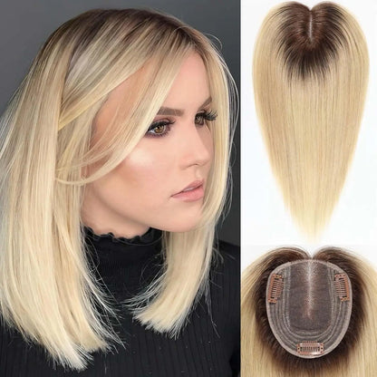 Ombre Light Brown Straight Human Hair Topper – 12” Middle Part Swiss Base