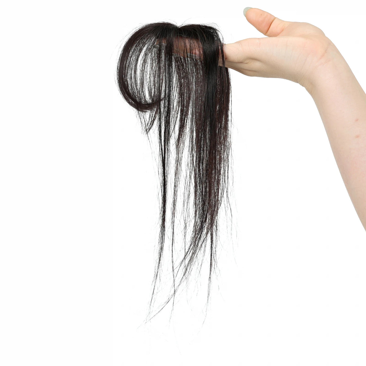 Detached dark chocolate brown fringe hairpiece with wispy bangs and side strands