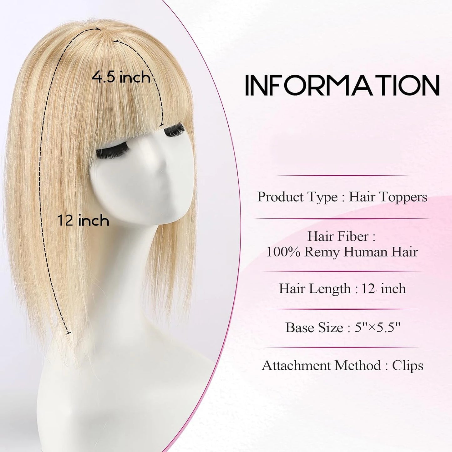 12” Mixed Blonde Human Hair Topper with Bangs – 360° Lace Base Clip-In for Women