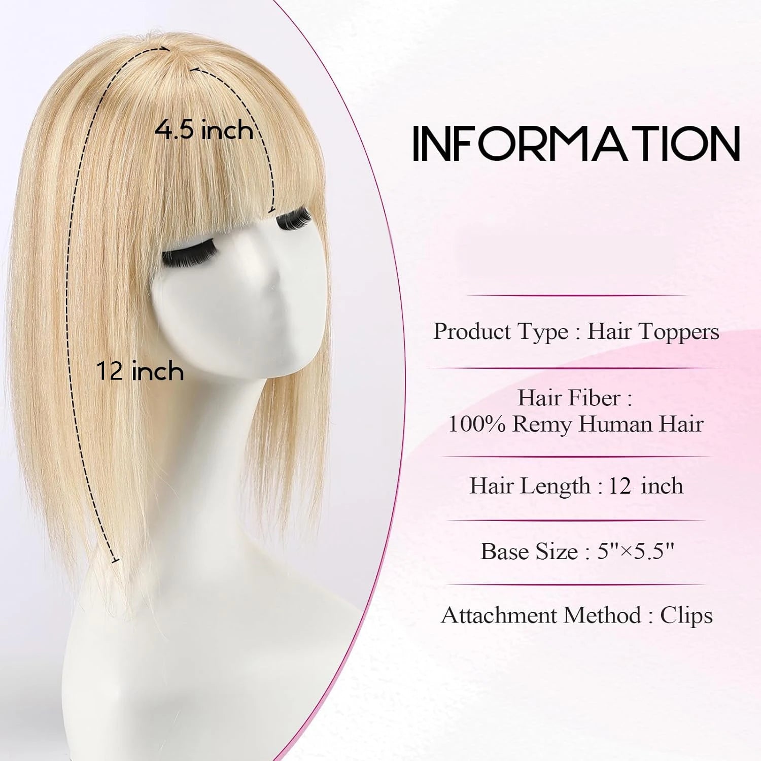 12” Human Hair Topper with Bangs – 360° Lace Base Clip-In for Women