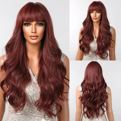 Brown Wavy Long Wig with Bangs – Heat Resistant Synthetic Daily & Cosplay Wig