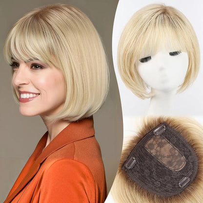10” Short Bob Human Hair Topper with Bangs – Mixed Blonde Brown Side Part Silk Base Clip-In