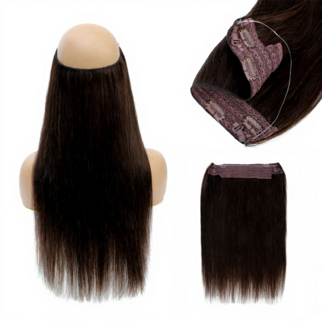 Halo Human Hair Extensions – 14–28 Inch Hidden Wire Remy Hair in Ombre Brown