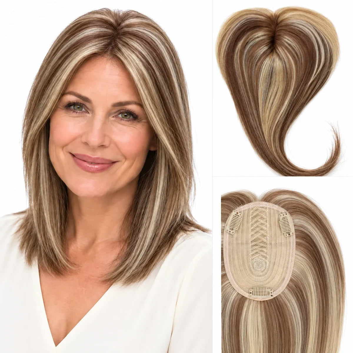 P6-613 straight human hair topper, 18 inch, 12 x 14 cm light base with three clips; worn view and construction details