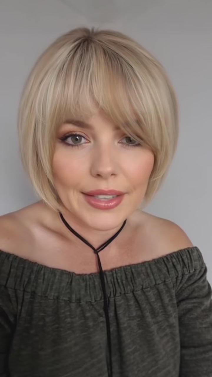 Load video: 10” Short Bob Human Hair Topper with Bangs – Side Part Silk Base Clip-In