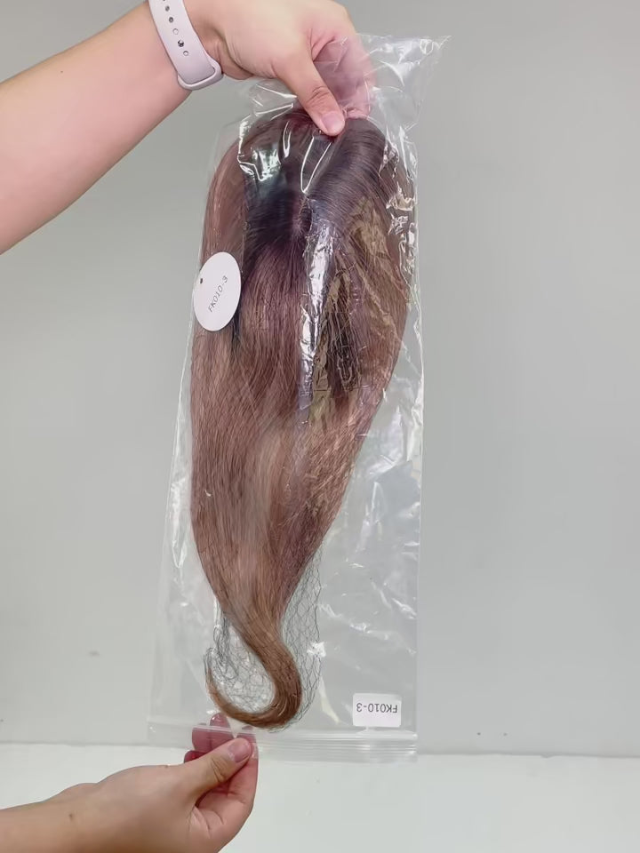 Load video: 12” Human Hair Topper with Bangs – 360° Lace Base Clip-In for Women