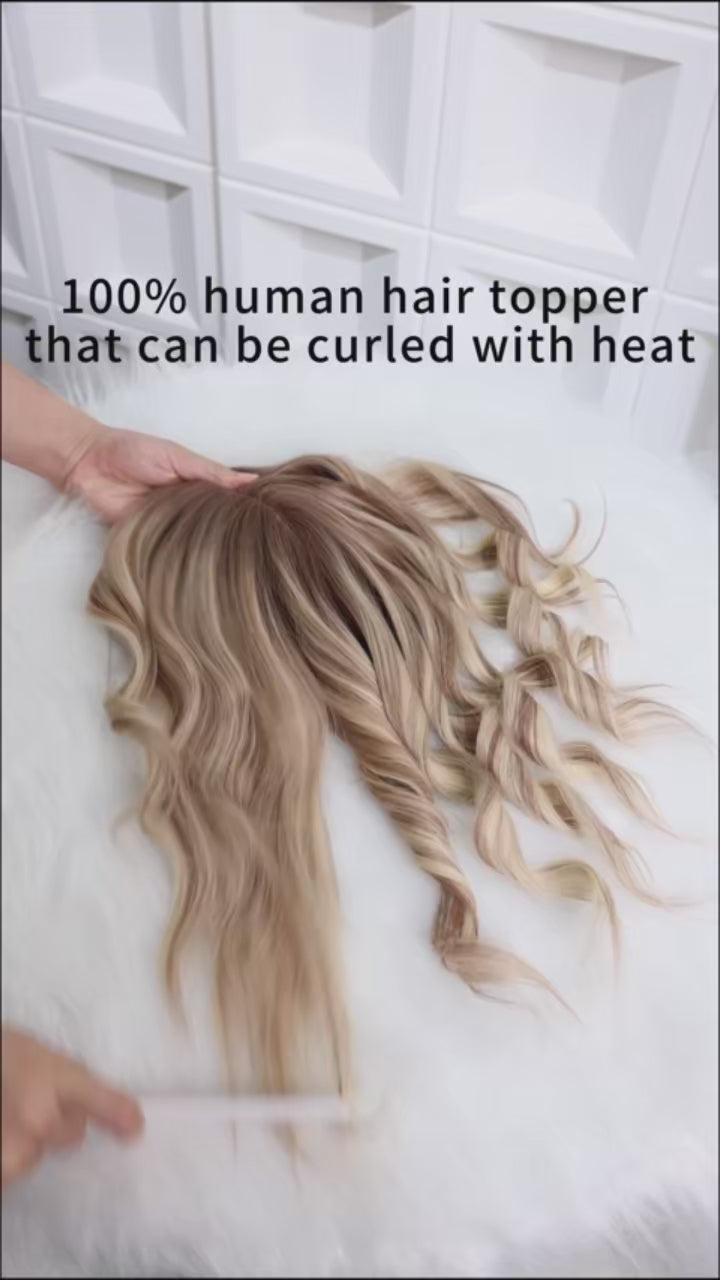 Load video: 16” Full Coverage Human Hair Topper – Large 9×9 Silk Base Brown Highlights