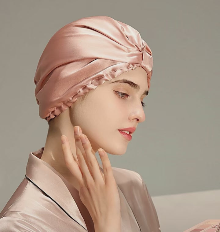 Load video: 100% Mulberry Silk Bonnet – 22 Momme Double-Sided Silk Sleeping Cap for Hair Extensions &amp; Curly Hair