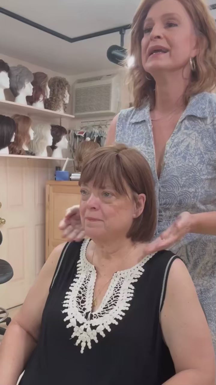 Load video: 10” Human Hair Topper with Bangs – Silk Base Short Bob (6.5×6.5”)
