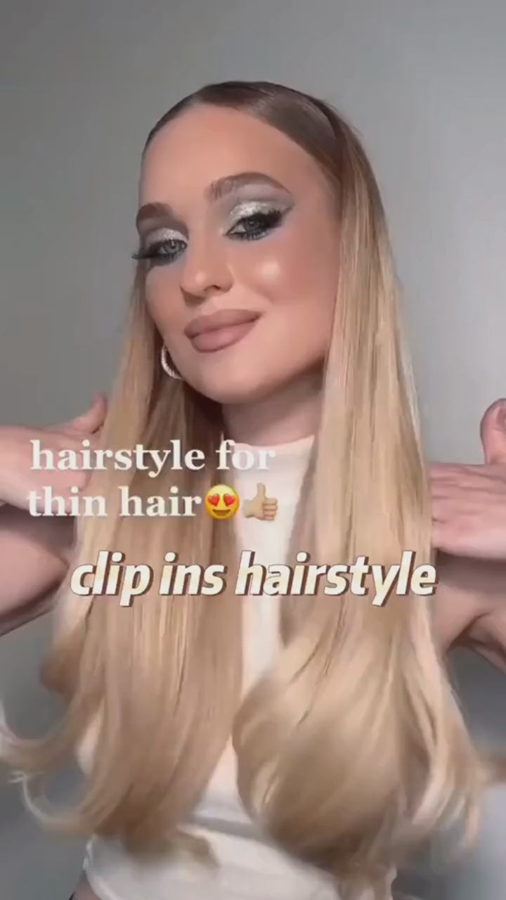 Load video: Seamless PU Clip-In Human Hair Extensions – 7 Piece Full Head Remy Set (105g)