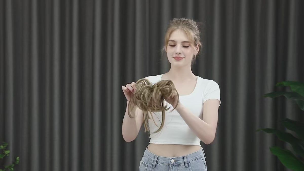 Load video: 8.5-Inch Synthetic Messy Bun – Detachable Claw Clip &amp; Elastic