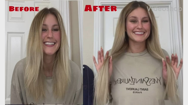 Load video: Before and after transformation showing enhanced length and volume with Premium Remy human hair tape-in extensions.