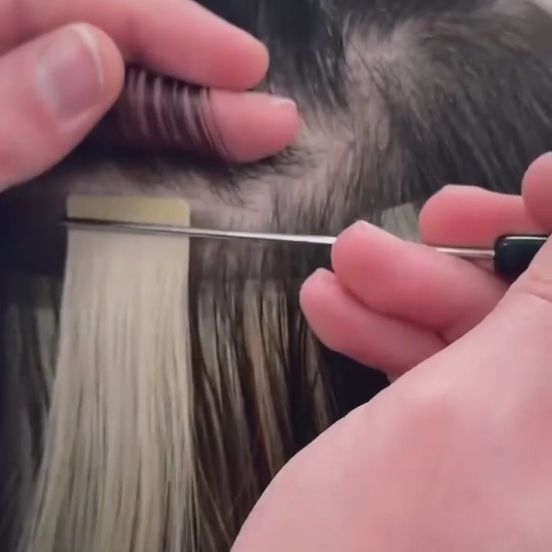Load video: Virgin Tape-In Human Hair Extensions – Straight Remy Hair 2.5g/pc (14–24”)