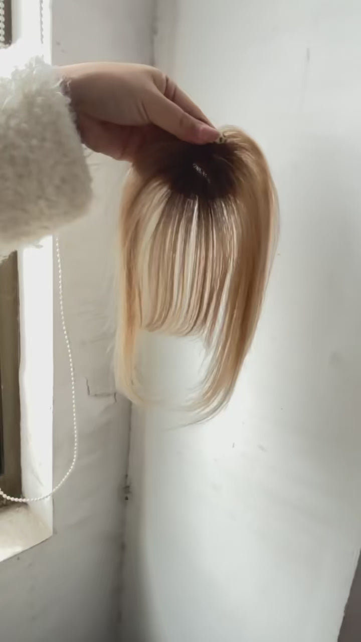 Load video: Remy Human Hair Topper with Bangs – Clip-In Silk Base Hairpiece for Thinning Hair | Silkara™