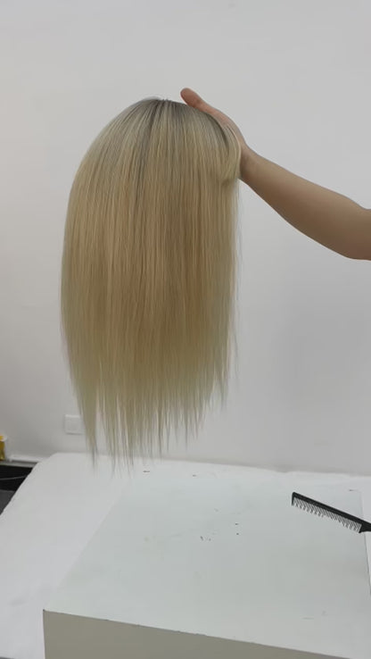 Ombre Light Blonde Human Hair Topper with Bangs – 16” Clip-In Straight Lace Base Topper
