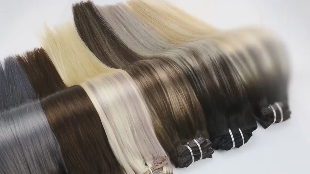 Load video: 7-Piece Clip-In Human Hair Extensions – 16–24” Straight Remy Hair (105g)