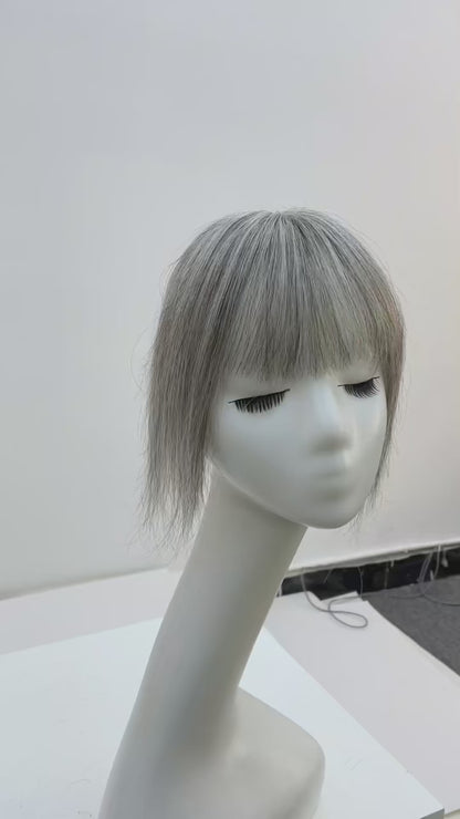 Light Grey Human Hair Topper with Thick Bangs – 360° Clip-In Silk Base Topper for Women