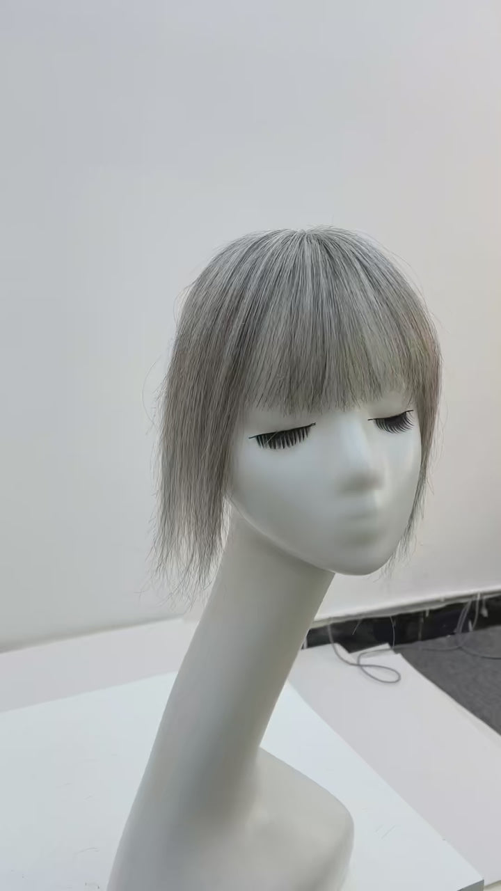 Load video: 10” Human Hair Topper with Thick Bangs – 360° Clip-In Silk Base Topper for Women