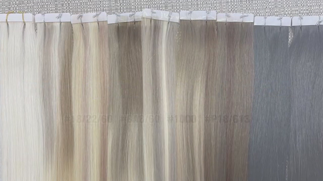 Load video: Virgin Remy Tape-In Hair Extensions – Invisible Injection Tape, Double Drawn, Natural Straight (20pcs)