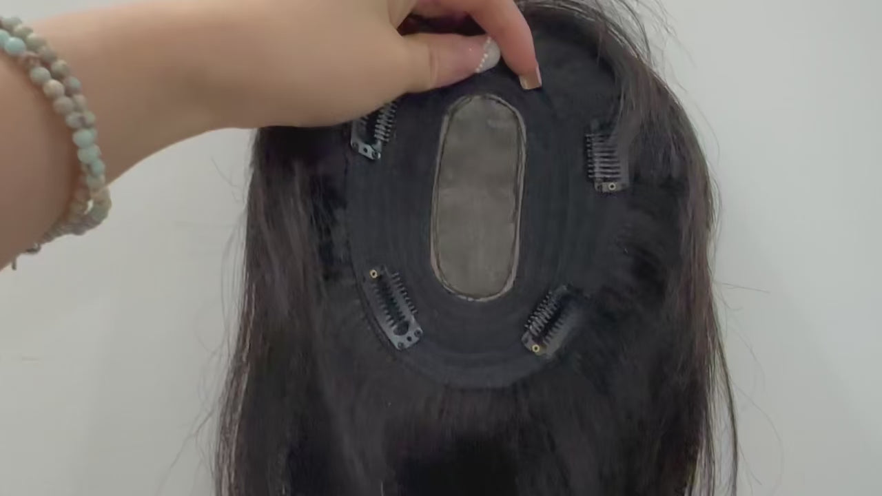 Load video: Silk Base Human Hair Topper with Bangs – 12 × 13 cm Remy Clip-In Crown Topper
