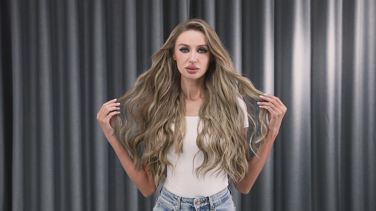Load video: Silkara™ Secret Halo Extensions 18,22 inches (Wavy-3 Clips)