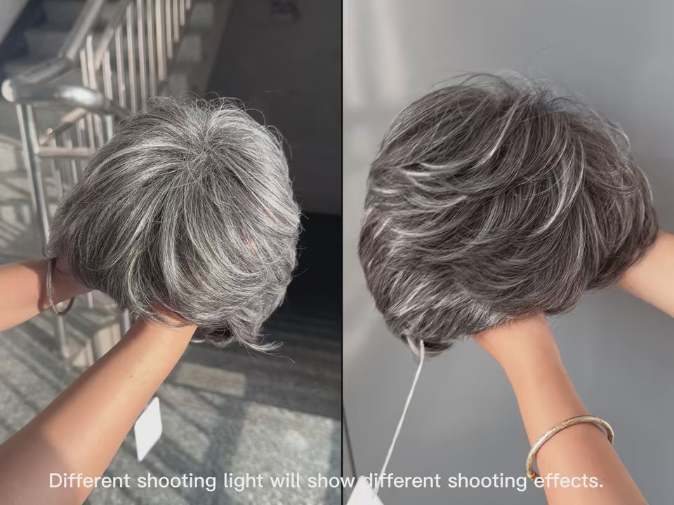 Load video: Short Pixie Cut Grey Human Hair Wig – 8” Layered Blend Wig with Bangs for Women