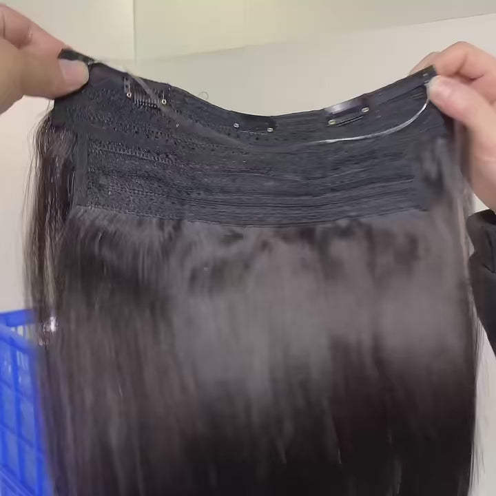 Load video: Invisible Wire Halo Human Hair Extensions – Straight Blonde Remy Halo with Clips