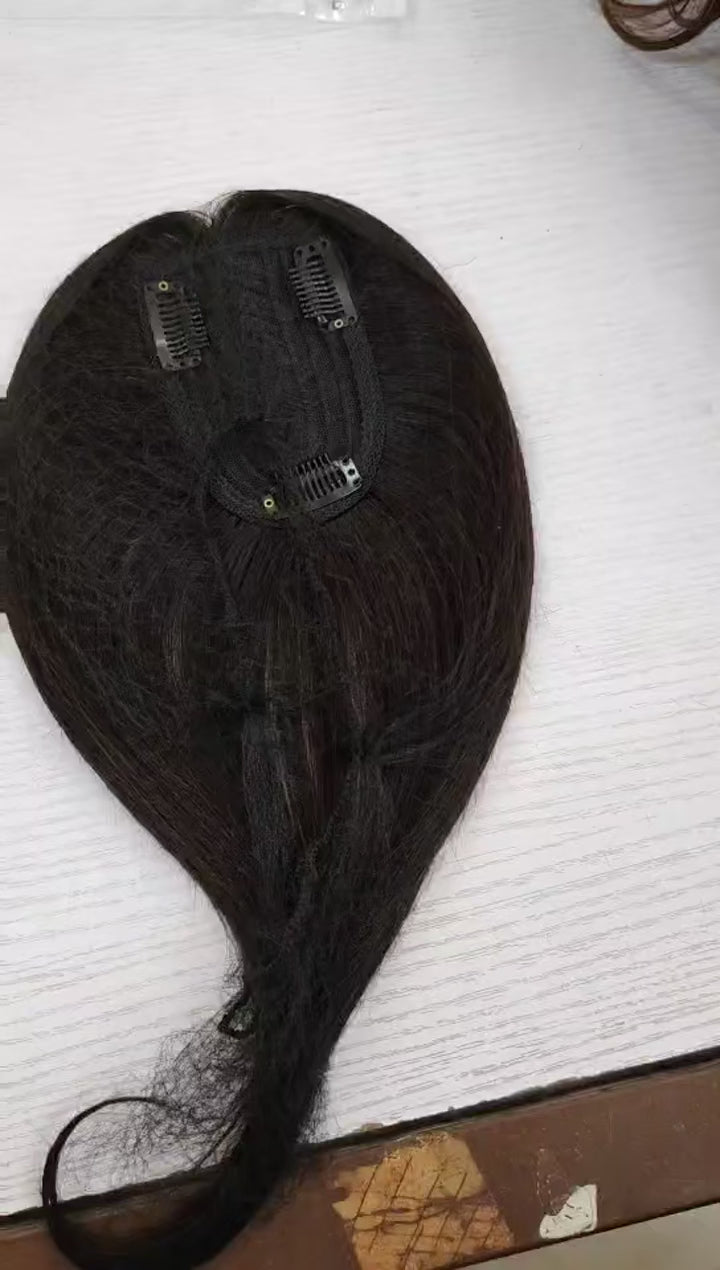 Load video: Straight Clip-In Human Hair Topper for Crown Volume- Middle Part