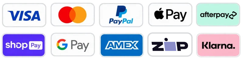 Secure payment options including Visa, Mastercard, PayPal, Apple Pay, Afterpay, Shop Pay, Google Pay, American Express, Zip and Klarna