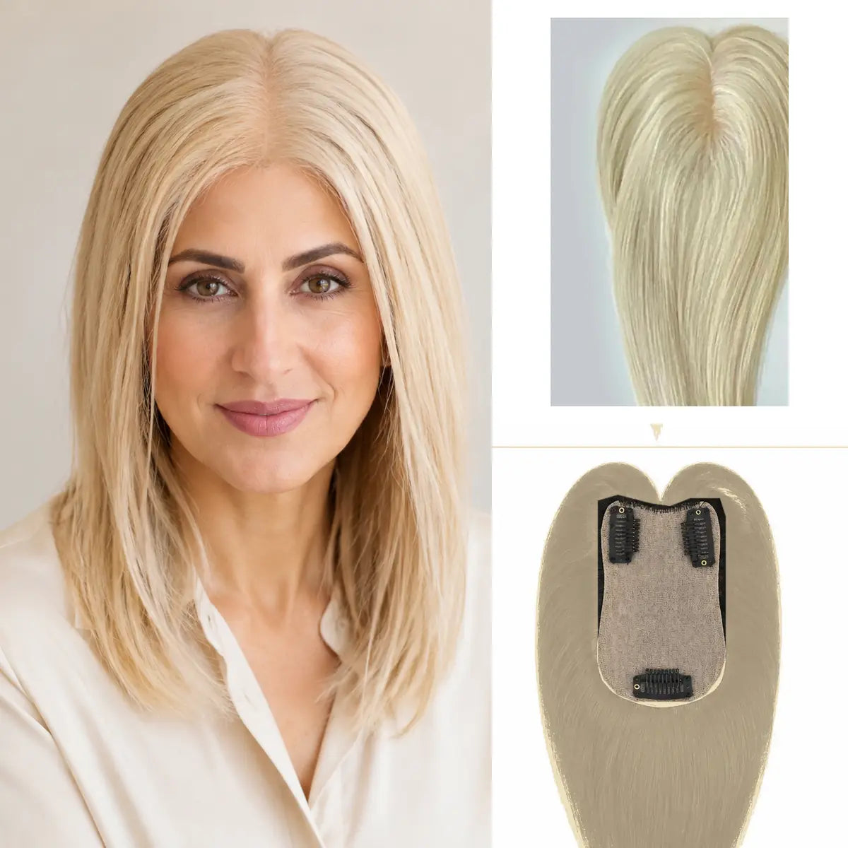 1001 warm creamy blonde Remy human hair topper with 7 x 11 cm base and three clips