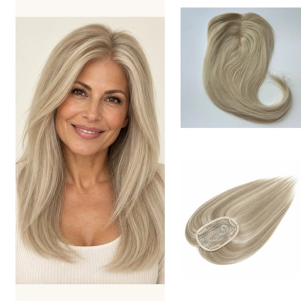 Colour 1001 straight human hair topper model view; light base and clips, 12 x 14 cm, 18 inch