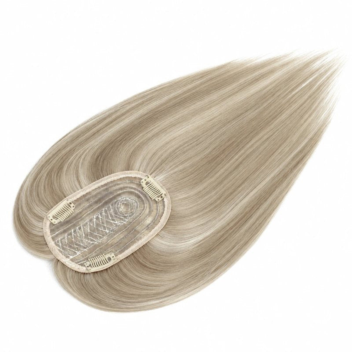 Colour 1001 straight human hair topper underside view; light base and clips, 12 x 14 cm, 18 inch