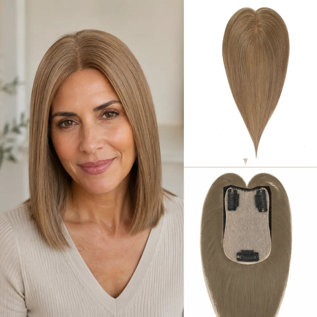 12 warm light brown Remy human hair topper with 7 x 11 cm base and three clips