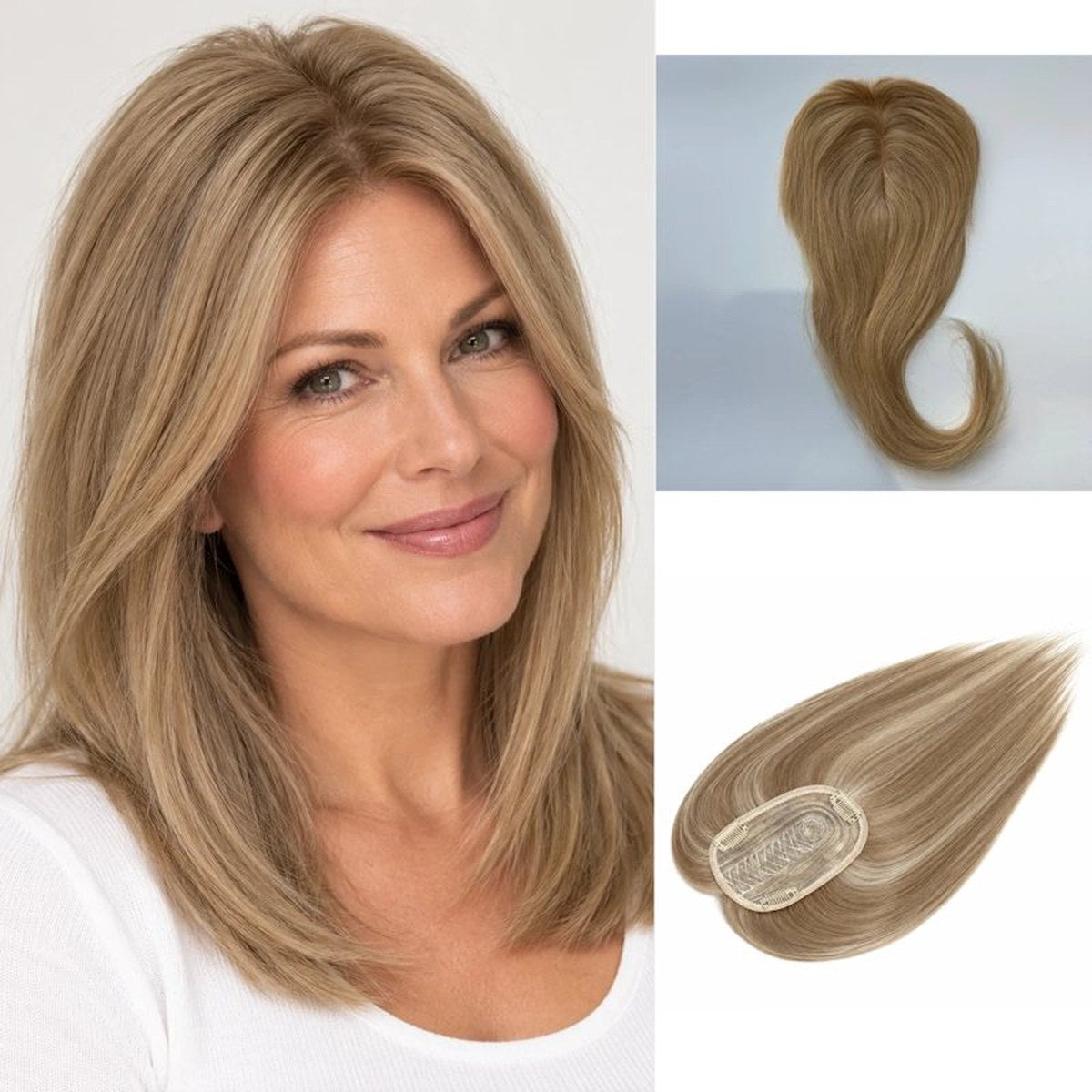 Colour 18 straight human hair topper model view; dark base and clips, 12 x 14 cm, 18 inch