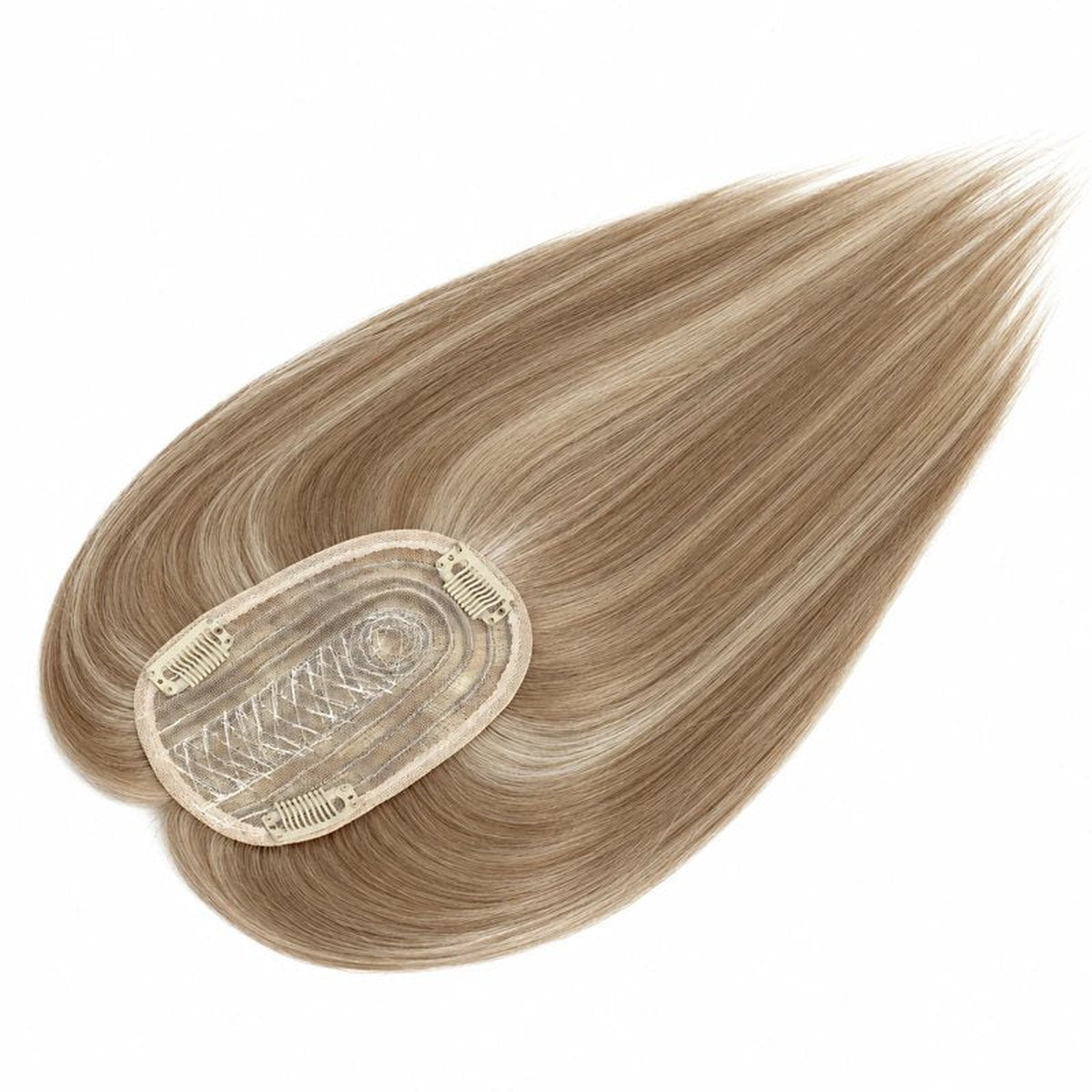 Colour 18 straight human hair topper underside view; dark base and clips, 12 x 14 cm, 18 inch