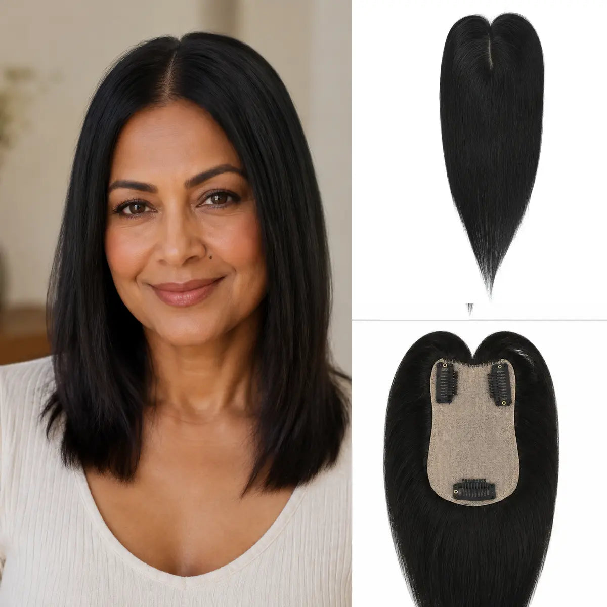1B soft natural black Remy human hair topper with 7 x 11 cm base and three clips