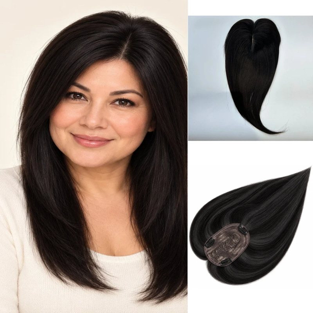 Colour 1B straight human hair topper worn by a model; dark base and clips, 12 x 14 cm, 18 inch