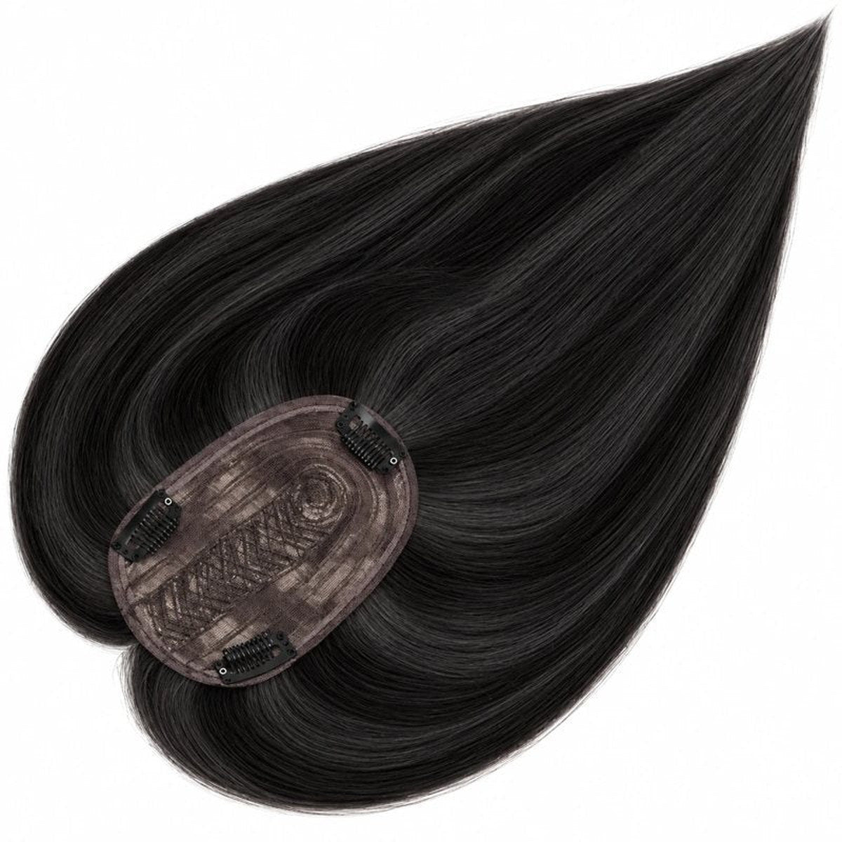 Colour 1B straight human hair topper underside view; dark base and clips, 12 x 14 cm, 18 inch