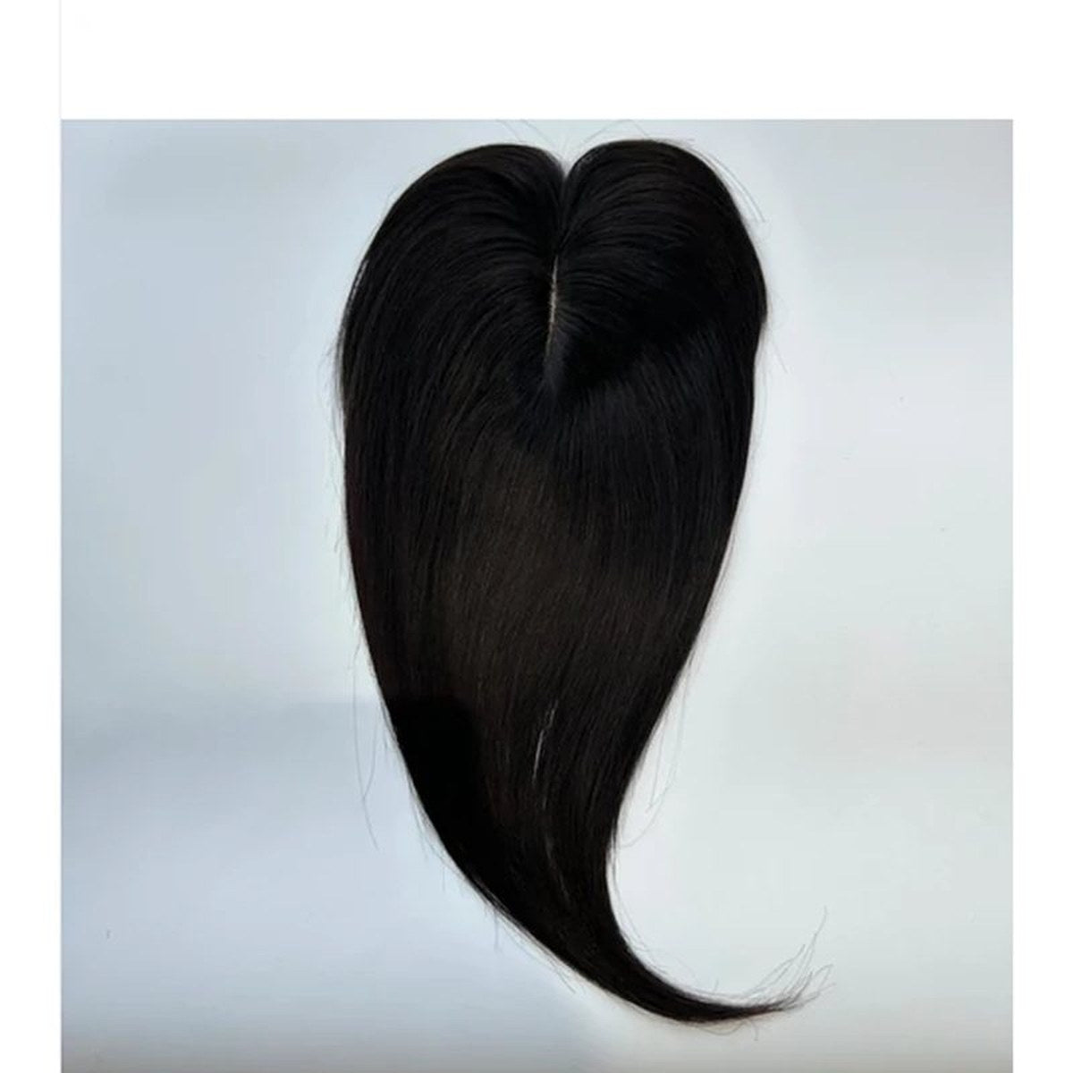 Colour 1B straight human hair topper top-side view; dark base and clips, 12 x 14 cm, 18 inch