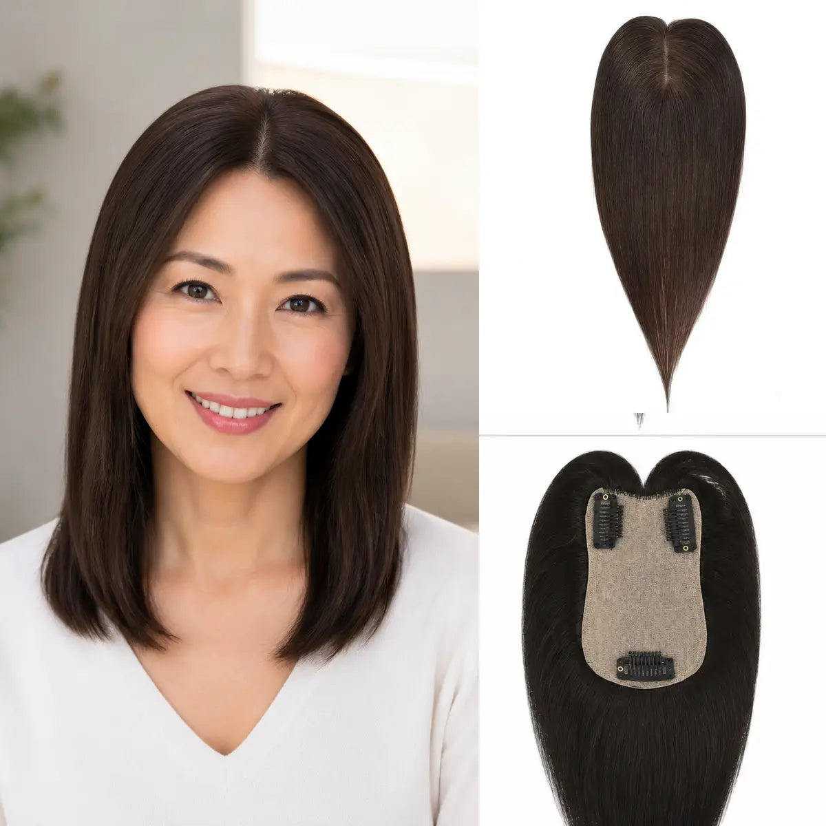 2 deep dark brown Remy human hair topper with 7 x 11 cm base and three clips