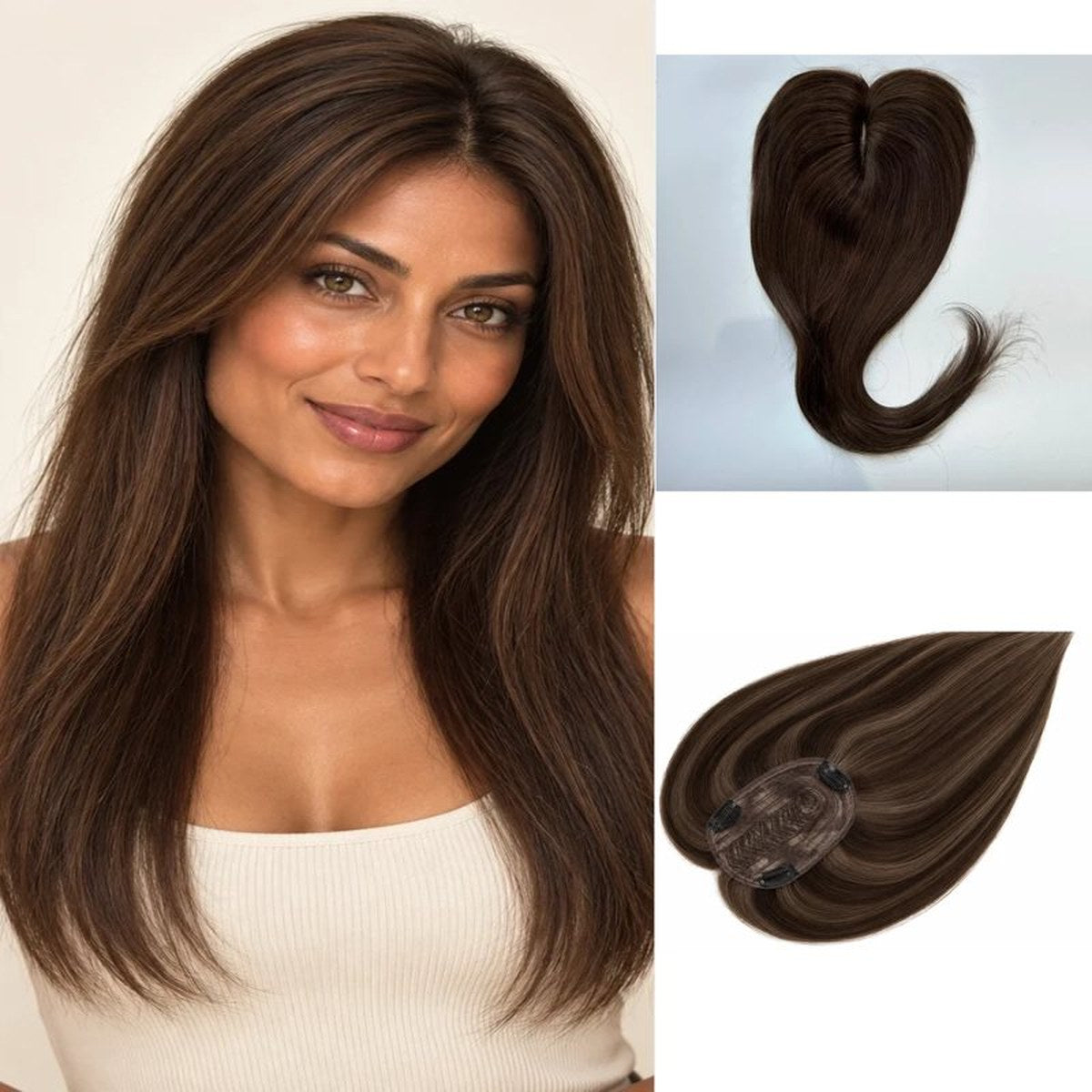 Colour 2 straight human hair topper model view; dark base and clips, 12 x 14 cm, 18 inch