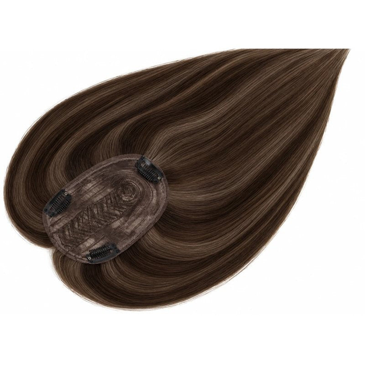 Colour 2 straight human hair topper underside view; dark base and clips, 12 x 14 cm, 18 inch
